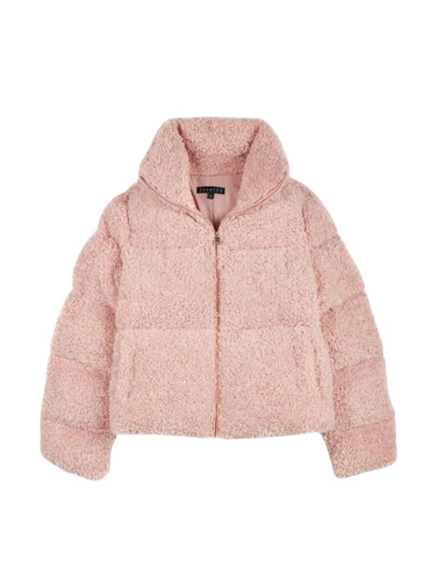 Pink fluffy puffer jacket hotsell